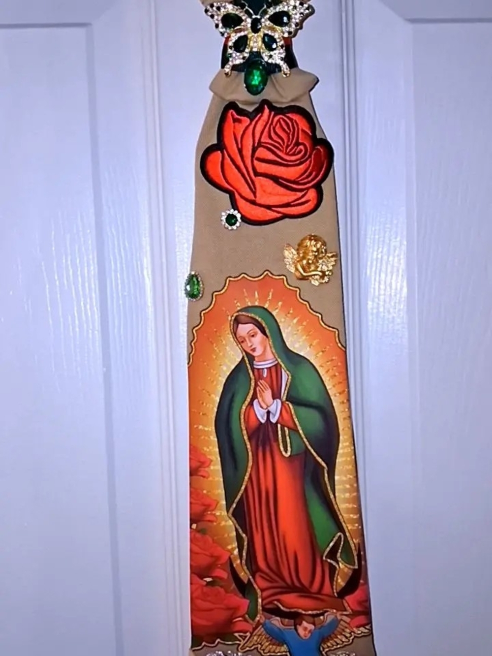 Iconic Virgin of Guadalupe Prayer Scarf with Red Rose Motif